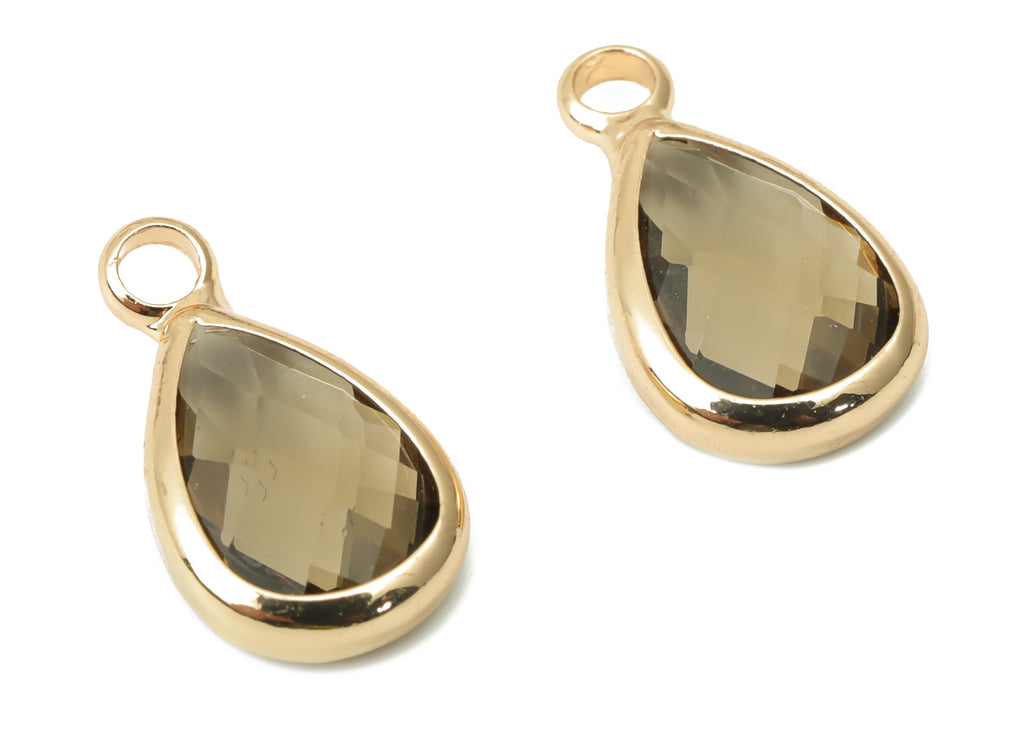 Glass Drop Earring Charms - Brass Teardrop Frame Pendant - Gold Tone Plated Brass - Faceted Glass - Jewelry Making - 13.7x7.4x3.5mm- GS1121G - DOMEDBAZAAR
