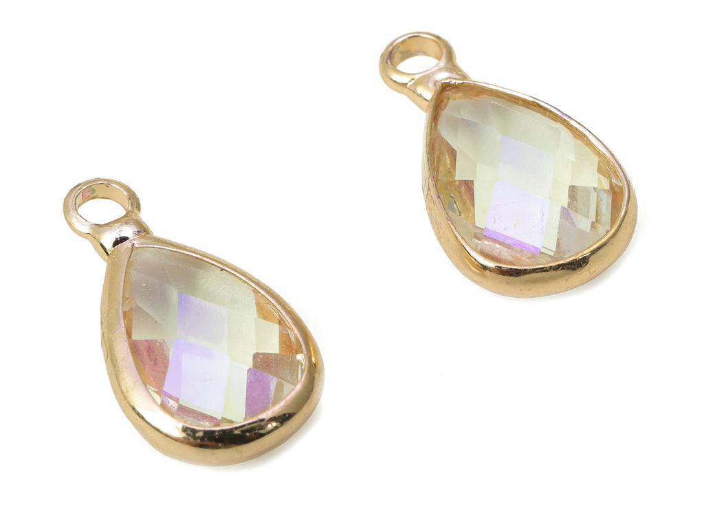 Glass Drop Earring Charms - Brass Teardrop Frame Pendant - Gold Tone Plated Brass - Faceted Glass - Jewelry Making - 13.7x7.4x3.5mm- GS1121H - DOMEDBAZAAR
