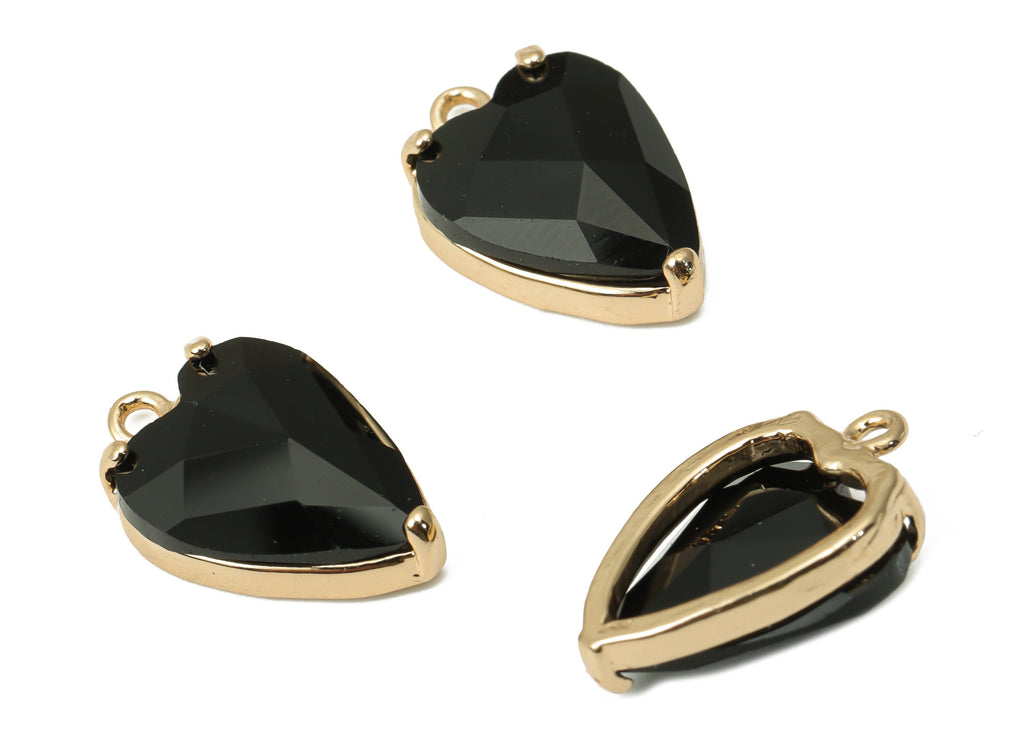 Glass Heart Earring Charms with Loop - Black Brass Frame Heart Pendant - Gold Tone Plated Brass – Faceted Glass - 16.79x11.1x5.4mm – GS1130B - DOMEDBAZAAR