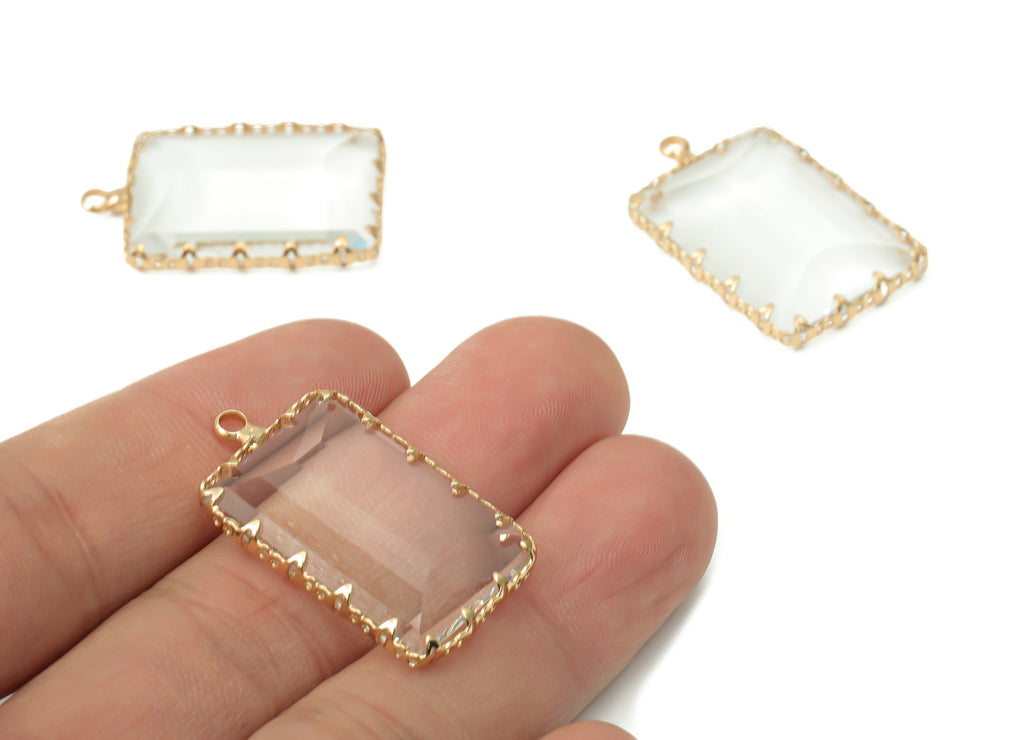 Glass Rectangle Earring Charms with Loop - Brass Rectangle Frame Pendant - Gold Tone Plated Brass - Faceted Glass - 30.4x19x4.68mm - GS1133 - DOMEDBAZAAR