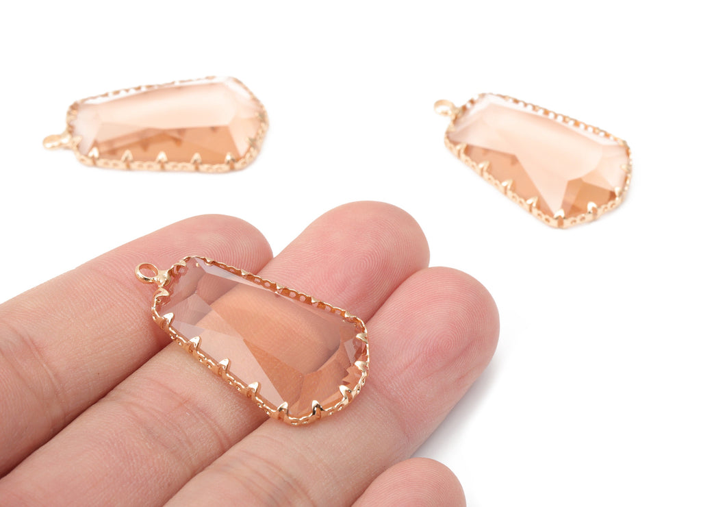 Glass Pentagon Earring Charms with Loop - Brass Pentagon Frame Pendant - Gold Tone Plated Brass - Faceted Glass - 34.12x19.6x4.8mm - GS1132A - DOMEDBAZAAR