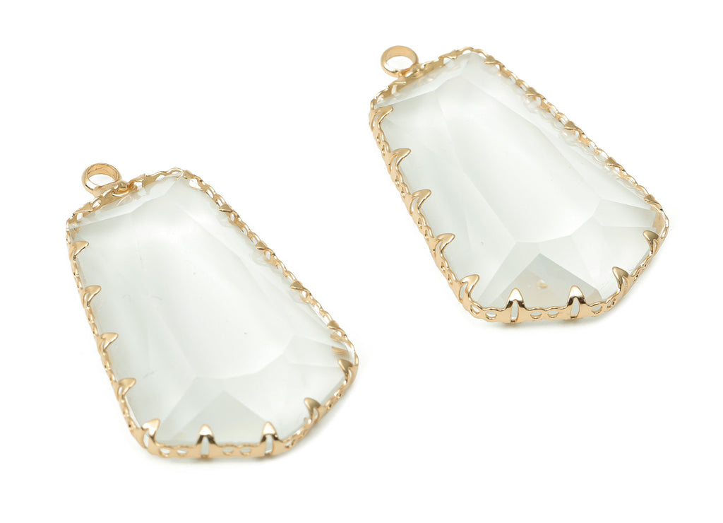 Glass Pentagon Charms with Loop - Clear Brass Pentagon Frame Pendant - Gold Tone Plated Brass - Faceted Glass - 34.12x19.6x4.8mm - GS1132B - DOMEDBAZAAR