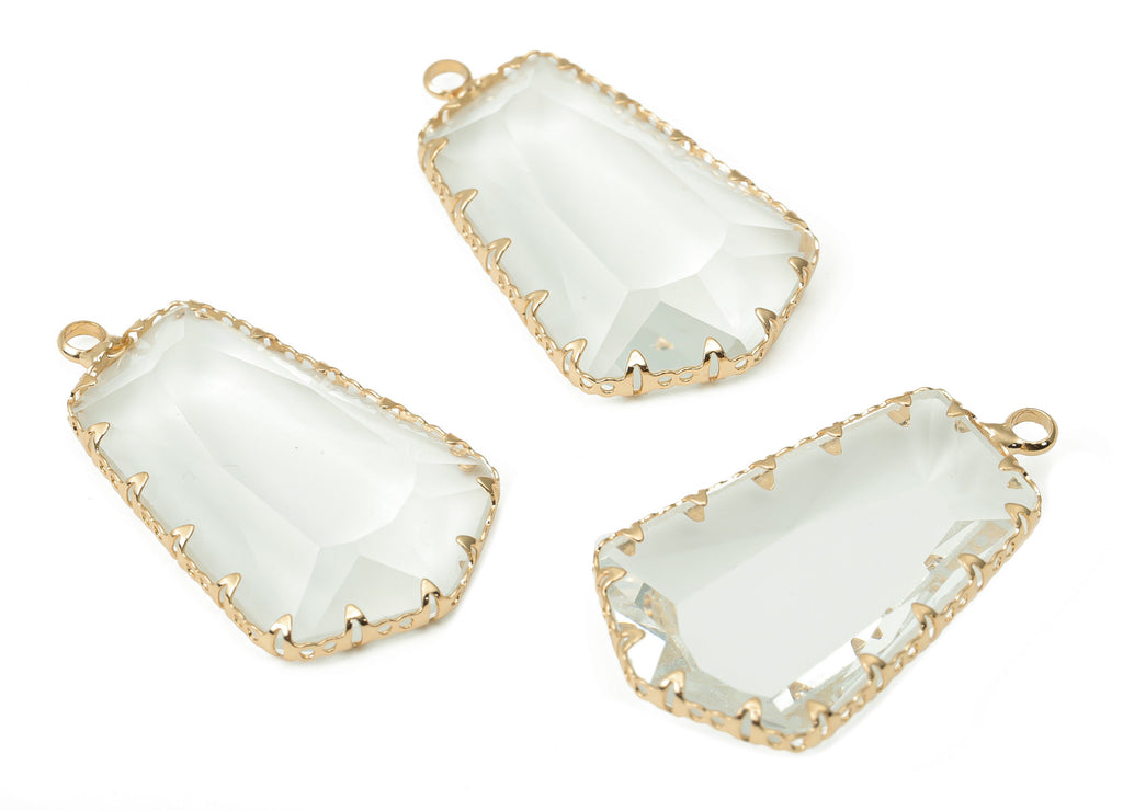Glass Pentagon Charms with Loop - Clear Brass Pentagon Frame Pendant - Gold Tone Plated Brass - Faceted Glass - 34.12x19.6x4.8mm - GS1132B - DOMEDBAZAAR