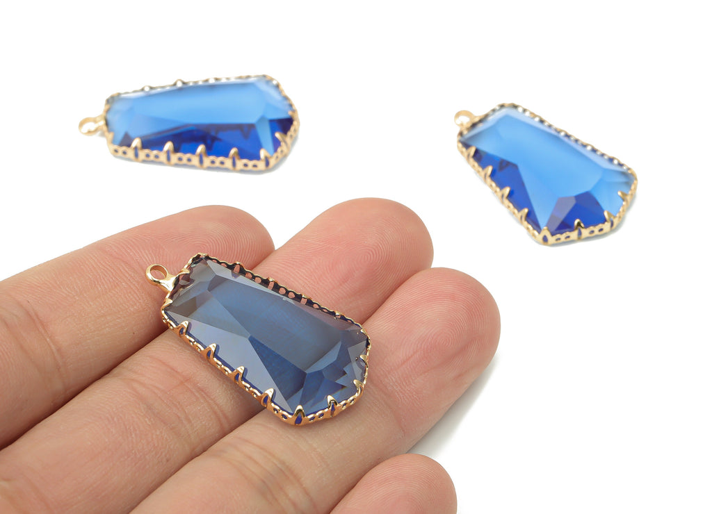 Glass Pentagon Charms with Loop - Blue Brass Pentagon Frame Pendant - Gold Tone Plated Brass - Faceted Glass - 34.12x19.6x4.8mm - GS1132E - DOMEDBAZAAR