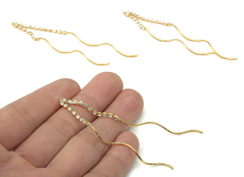 Brass Wave Tassel Wire Earring Charm - Zircon Long Chain Earrings – 18K Real Gold Plated Brass - Jewelry Supplies - 81.7x4.2x1.8mm - RGP4405 - DOMEDBAZAAR