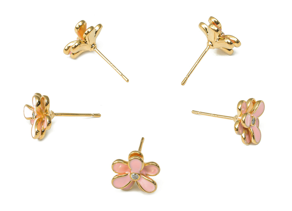 Brass Flower Earring Stud with Zircon - Enamel Flower Earring Post - 925 Silver Stud - 18k Real Gold Plated Brass - 11.16x11.2x3.8mm-RGP4504 - DOMEDBAZAAR