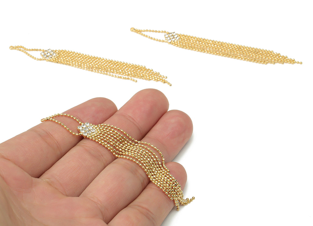 Brass Ball Chain Tassel Earring Charm - Zircon Drop Tassel Earrings – 18K Real Gold Plated Brass - 90.47x9.23x1.93mm - RGP4525 - DOMEDBAZAAR