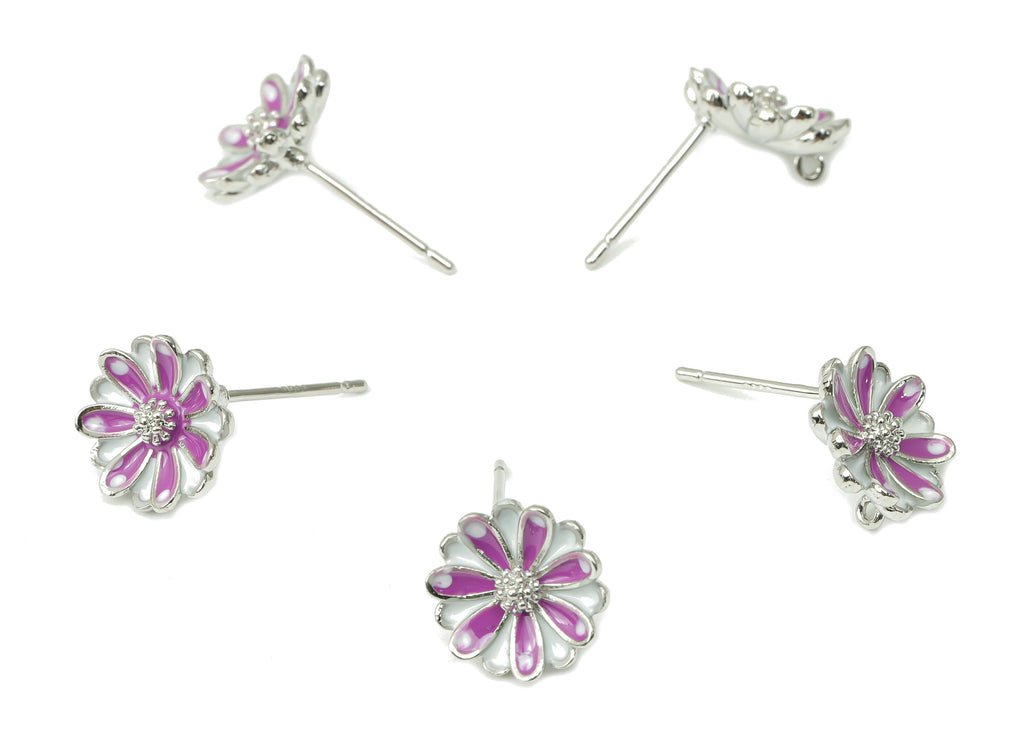 Brass Flower Earring Stud - Enamel Flower Earring Post - 925 Silver Stud - 18k Real White Gold Plated Brass - 10.75x10.75x2.9mm - RGP4505S - DOMEDBAZAAR