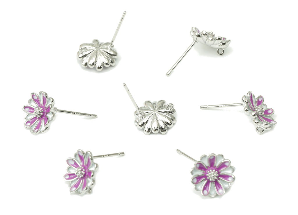 Brass Flower Earring Stud - Enamel Flower Earring Post - 925 Silver Stud - 18k Real White Gold Plated Brass - 10.75x10.75x2.9mm - RGP4505S - DOMEDBAZAAR