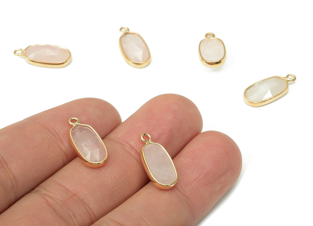 Rose Quartz Oval Earring Charms - Brass Faceted Oval Pendant -  Crystal Natural Stone - Gold Tone Plated Brass – 17.72x8.2x3.96mm – NS1852 - DOMEDBAZAAR