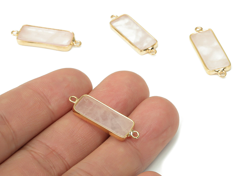 Rose Quartz Earring Connector - Brass Rectangle Bracelet - Crystal Natural Stone - Gold Tone Plated Brass – 28.26x10.09x2.62mm - NS1854 - DOMEDBAZAAR