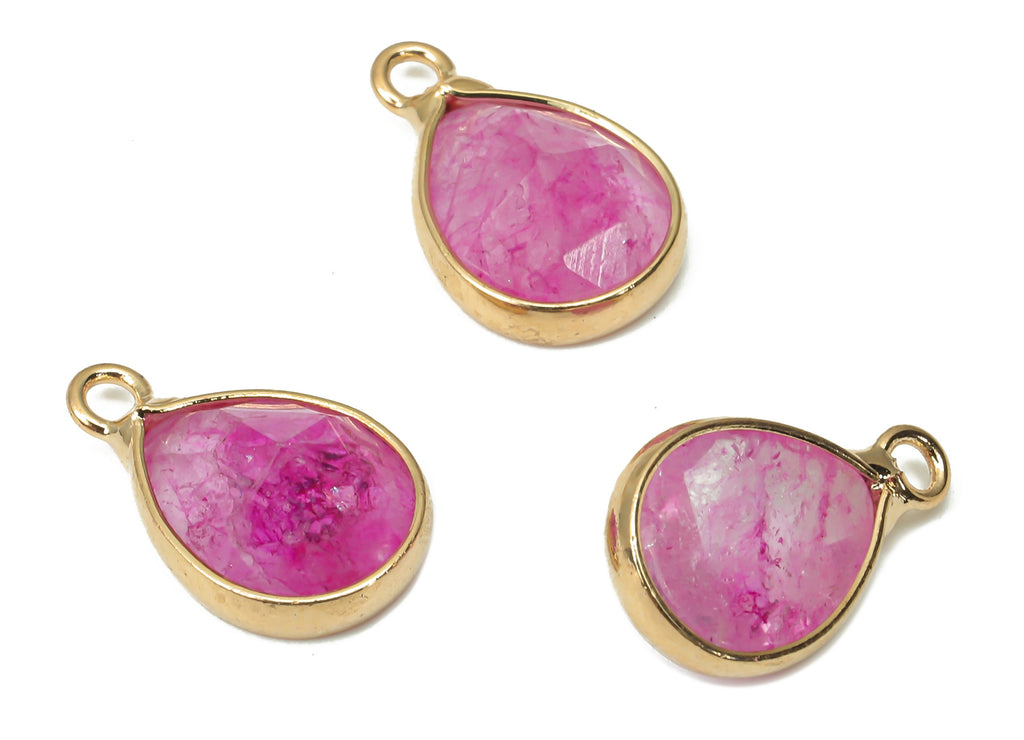 Pink Agate Gemstone Drop Charms - Brass Teardrop Pendant - Faceted Natural Stone - Gold Tone Plated Brass – 14.34x8.96x5.05mm – NS1851A - DOMEDBAZAAR