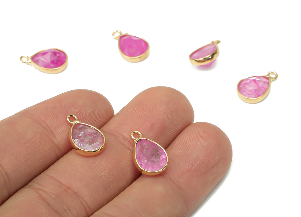 Pink Agate Gemstone Drop Charms - Brass Teardrop Pendant - Faceted Natural Stone - Gold Tone Plated Brass – 14.34x8.96x5.05mm – NS1851A - DOMEDBAZAAR
