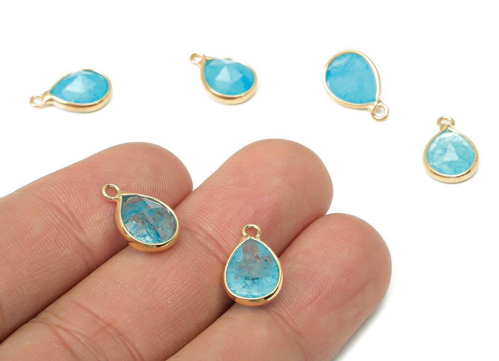 Blue Agate Drop Earring Charms - Brass Teardrop Pendant - Faceted Natural Stone - Gold Tone Plated Brass – 14.34x8.96x5.05mm – NS1851C - DOMEDBAZAAR