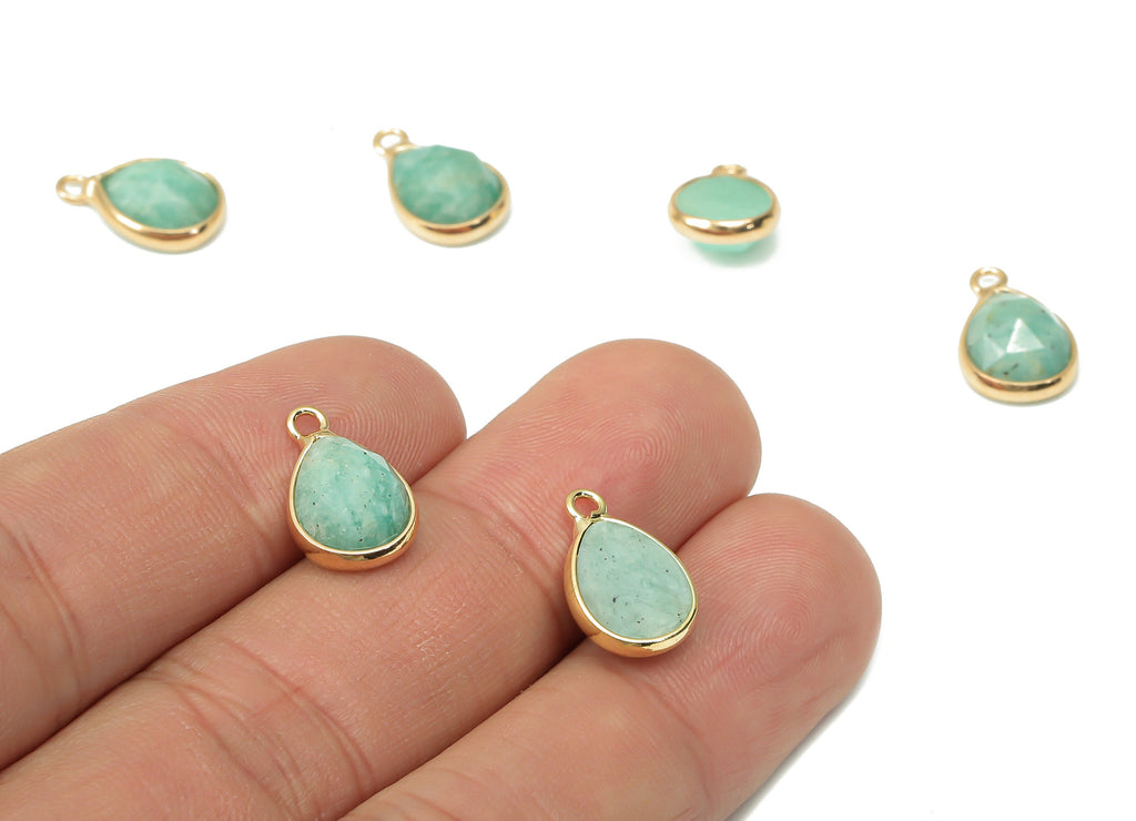 Amazonite Drop Earring Charms - Brass Teardrop Pendant - Faceted Natural Stone - Gold Tone Plated Brass – 14.34x8.96x5.05mm – NS1851D - DOMEDBAZAAR