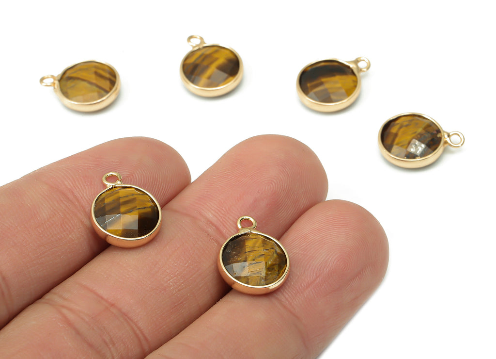 Tigereye Round Earring Charms - Brass Circle Pendant - Faceted Natural Stone - Gold Tone Plated Brass – 14.41x11.22x4.26mm – NS1850B - DOMEDBAZAAR