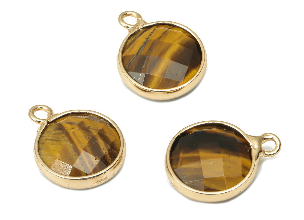 Tigereye Round Earring Charms - Brass Circle Pendant - Faceted Natural Stone - Gold Tone Plated Brass – 14.41x11.22x4.26mm – NS1850B - DOMEDBAZAAR