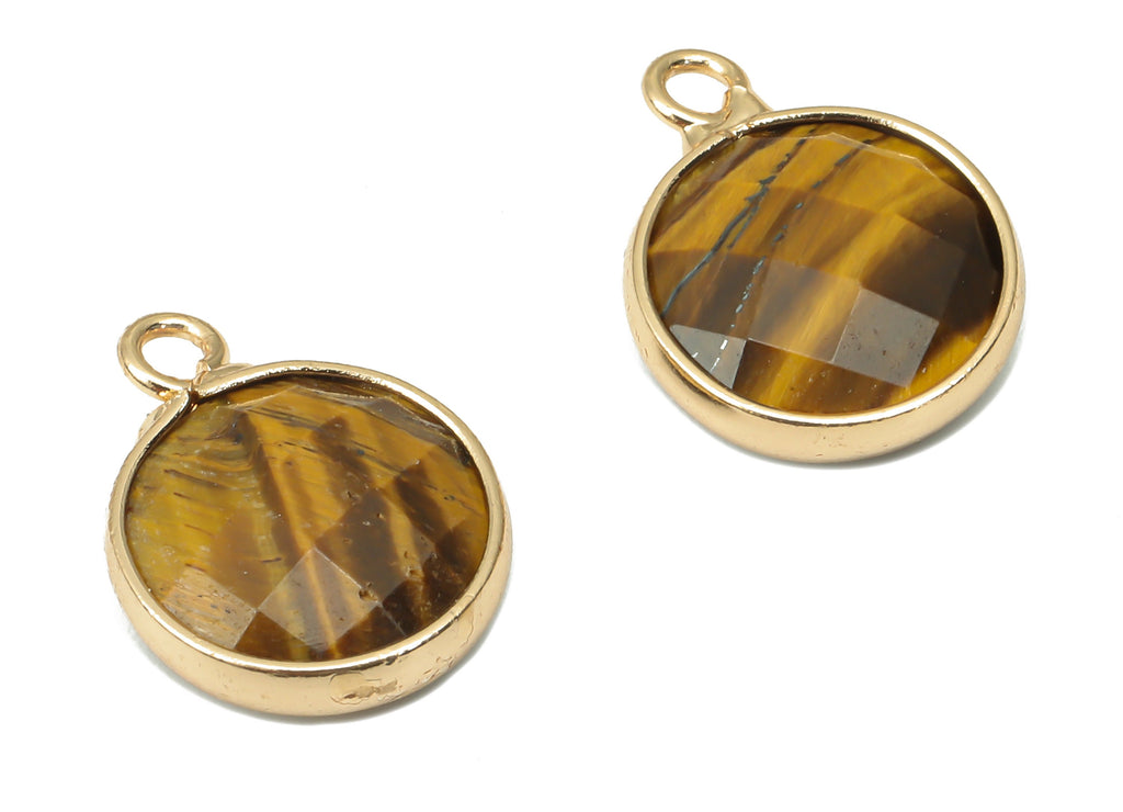Tigereye Round Earring Charms - Brass Circle Pendant - Faceted Natural Stone - Gold Tone Plated Brass – 14.41x11.22x4.26mm – NS1850B - DOMEDBAZAAR