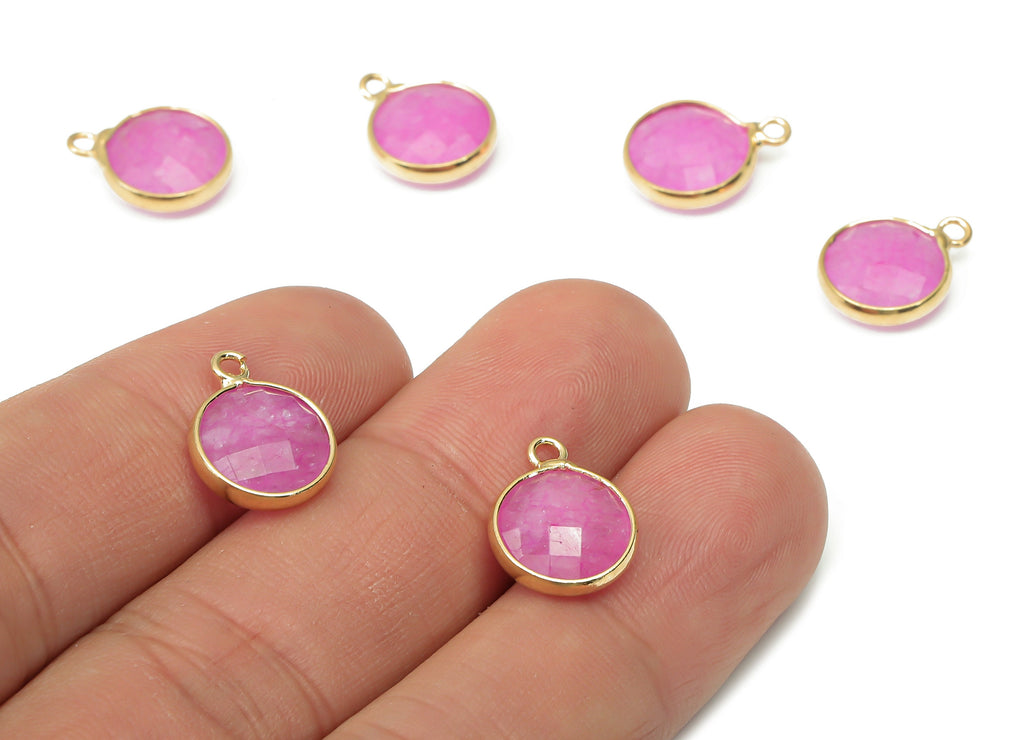 Pink Agate Gemstone Round Earring Charms - Brass Circle Pendant - Faceted Natural Stone - Gold Tone Plated Brass – 14.4x11.2x4.3mm – NS1850D - DOMEDBAZAAR