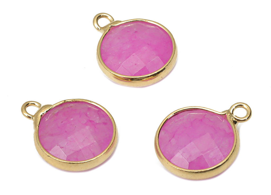 Pink Agate Gemstone Round Earring Charms - Brass Circle Pendant - Faceted Natural Stone - Gold Tone Plated Brass – 14.4x11.2x4.3mm – NS1850D - DOMEDBAZAAR