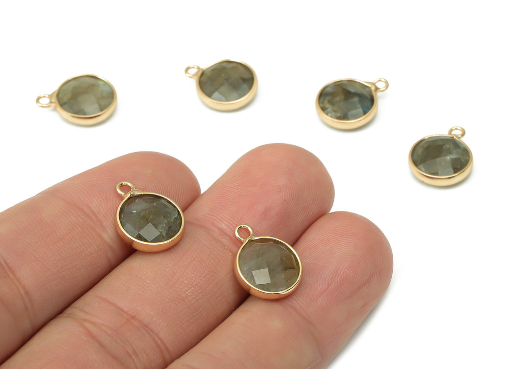 Labradorite Round Earring Charms - Brass Circle Pendant - Faceted Natural Stone - Gold Tone Plated Brass – 14.41x11.22x4.26mm – NS1850E - DOMEDBAZAAR