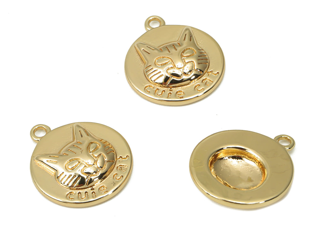 Brass Cuie Cat Earring Charms - Gold Cat Engraved Pendant - 18K Real Gold Plated Brass - Jewelry Making - 14.94x12.92x2.95mm - RGP4450 - DOMEDBAZAAR