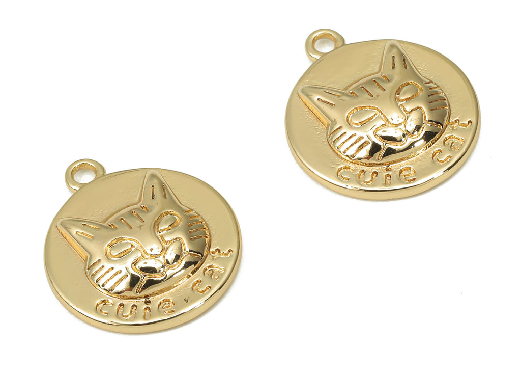 Brass Cuie Cat Earring Charms - Gold Cat Engraved Pendant - 18K Real Gold Plated Brass - Jewelry Making - 14.94x12.92x2.95mm - RGP4450 - DOMEDBAZAAR
