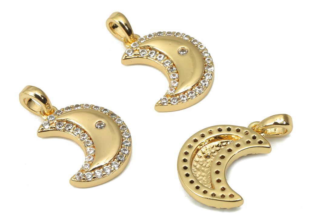 Brass Crescent Earring Charms with Zircons - Gold Moon Pendant - 18K Real Gold Plated Brass - Jewelry Supplies - 12.88x9.31x2.2mm - RGP4423 - DOMEDBAZAAR