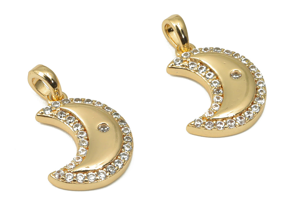 Brass Crescent Earring Charms with Zircons - Gold Moon Pendant - 18K Real Gold Plated Brass - Jewelry Supplies - 12.88x9.31x2.2mm - RGP4423 - DOMEDBAZAAR