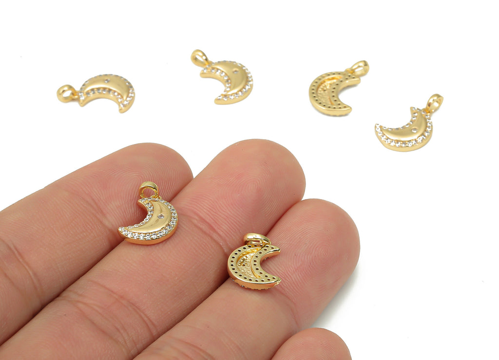 Brass Crescent Earring Charms with Zircons - Gold Moon Pendant - 18K Real Gold Plated Brass - Jewelry Supplies - 12.88x9.31x2.2mm - RGP4423 - DOMEDBAZAAR