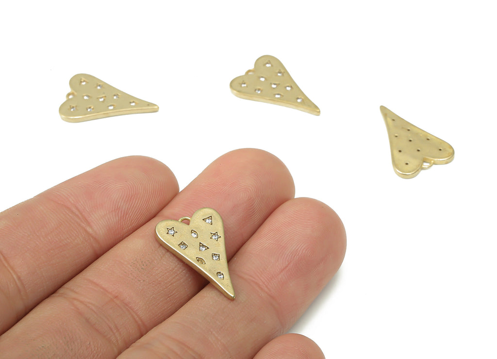 Brass Heart Earring Charms with Zircons - Raw Brass Triangle Pendant - Geometric Shapes - Jewelry Making - 19.89x13.47x1.43mm - PP7443 - DOMEDBAZAAR