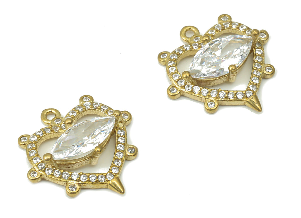 Brass Heart Marquise Earring Charms with Zircons - Raw Brass Oval Heart Pendant - Jewelry Making Supplies - 16.68x16x3.85mm - PP7432 - DOMEDBAZAAR