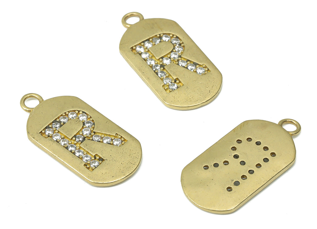 Brass Long Oval Letter R Earring Charms with Zircons - Raw Brass Initial R Pendant - Jewelry Making Supplies - 23.45x11.2x1.57mm - PP7442R - DOMEDBAZAAR