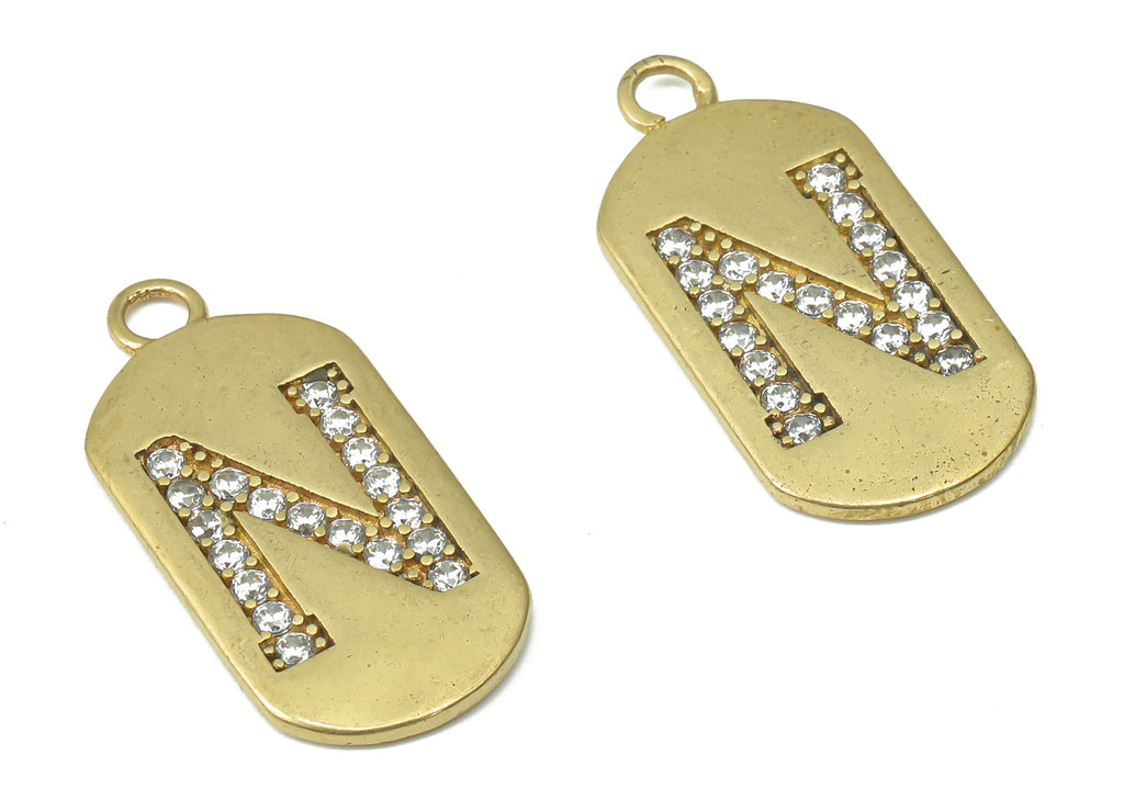 Brass Long Oval Letter N Earring Charms with Zircons - Raw Brass Initial N Pendant - Jewelry Making Supplies - 23.45x11.2x1.57mm - PP7442N - DOMEDBAZAAR
