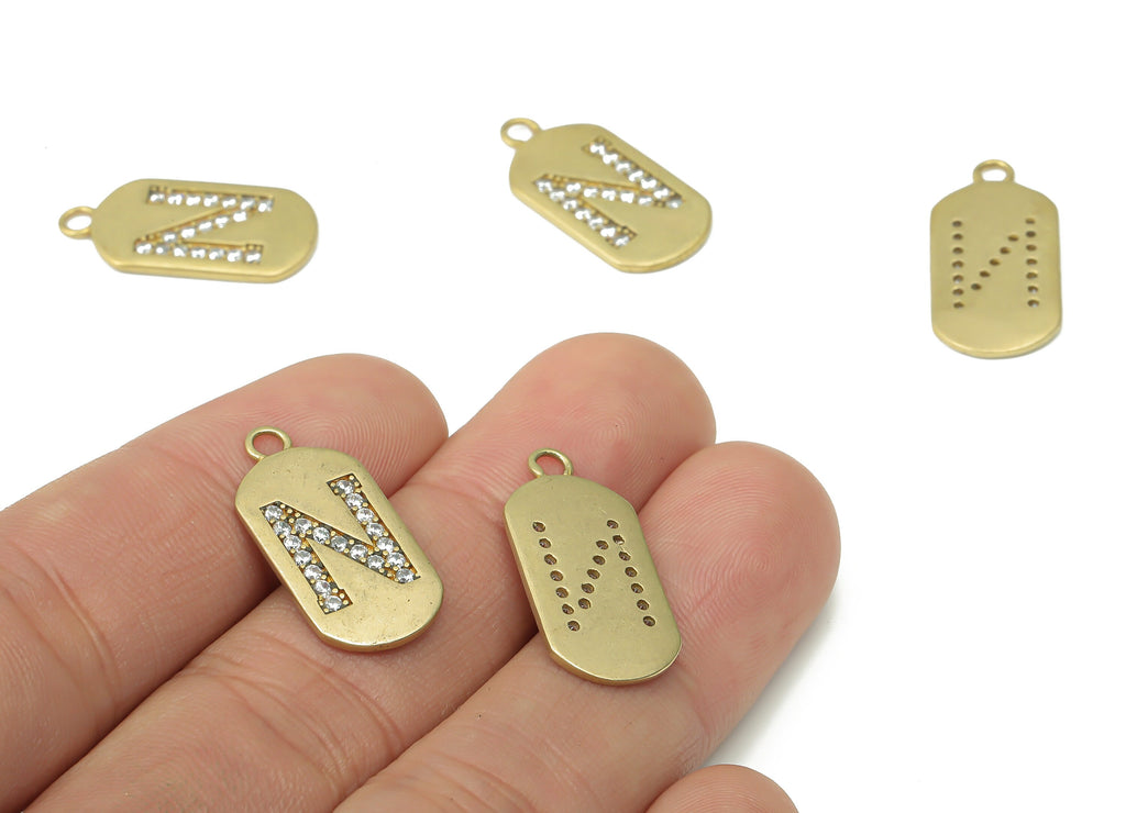 Brass Long Oval Letter N Earring Charms with Zircons - Raw Brass Initial N Pendant - Jewelry Making Supplies - 23.45x11.2x1.57mm - PP7442N - DOMEDBAZAAR