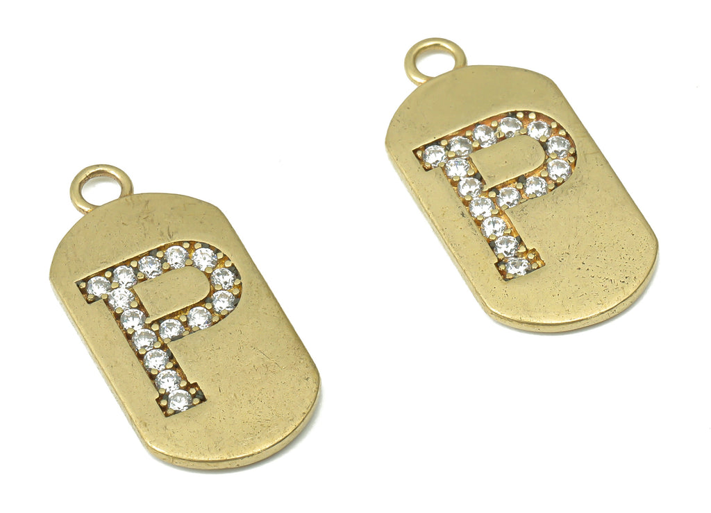 Brass Long Oval Letter P Earring Charms with Zircons - Raw Brass Initial P Pendant - Jewelry Making Supplies - 23.45x11.2x1.57mm - PP7442P - DOMEDBAZAAR