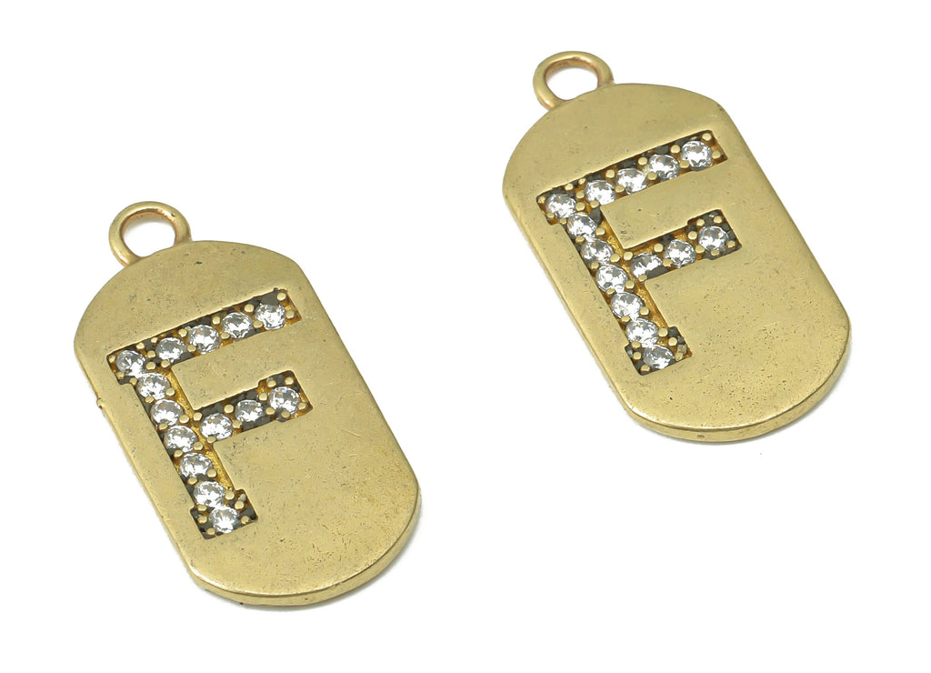 Brass Long Oval Letter F Earring Charms with Zircons - Raw Brass Initial F Pendant - Jewelry Making Supplies - 23.45x11.2x1.57mm - PP7442F - DOMEDBAZAAR