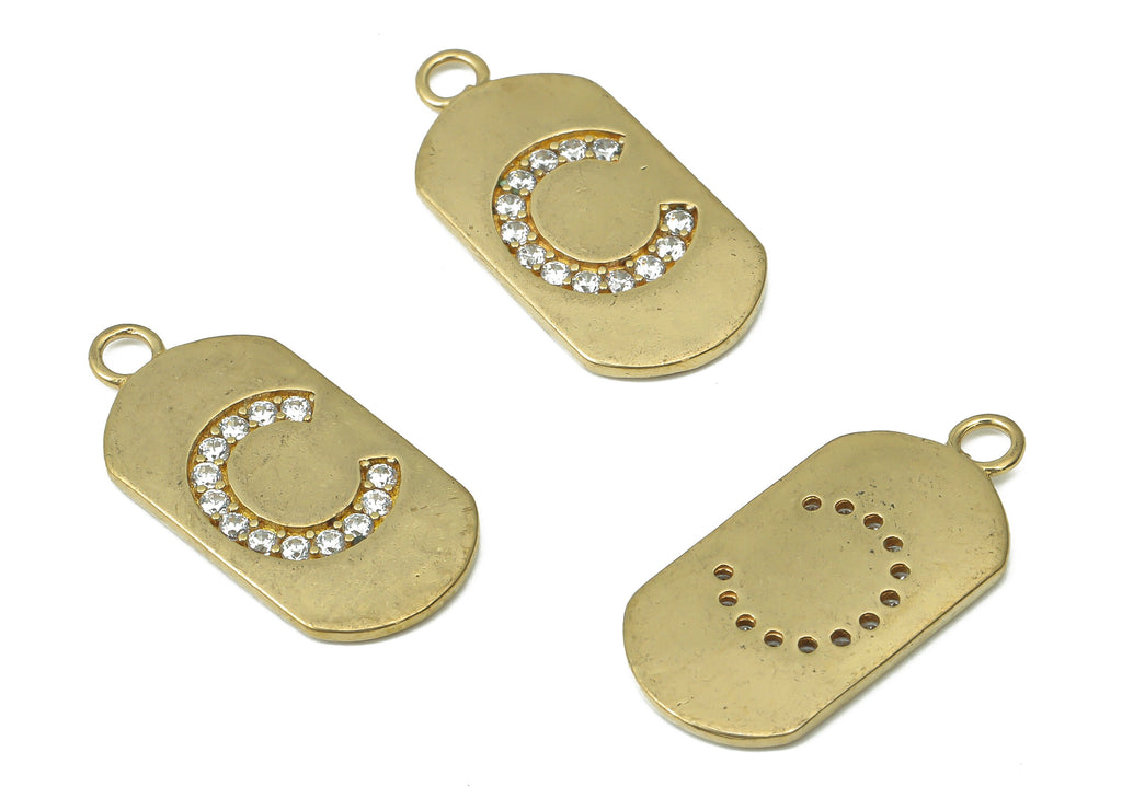 Brass Long Oval Letter C Earring Charms with Zircons - Raw Brass Initial C Pendant - Jewelry Making Supplies - 23.45x11.2x1.57mm - PP7442C - DOMEDBAZAAR