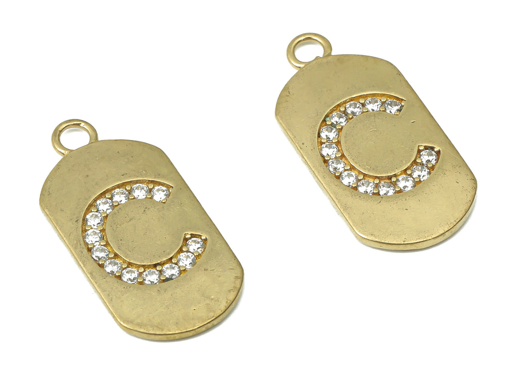 Brass Long Oval Letter C Earring Charms with Zircons - Raw Brass Initial C Pendant - Jewelry Making Supplies - 23.45x11.2x1.57mm - PP7442C - DOMEDBAZAAR