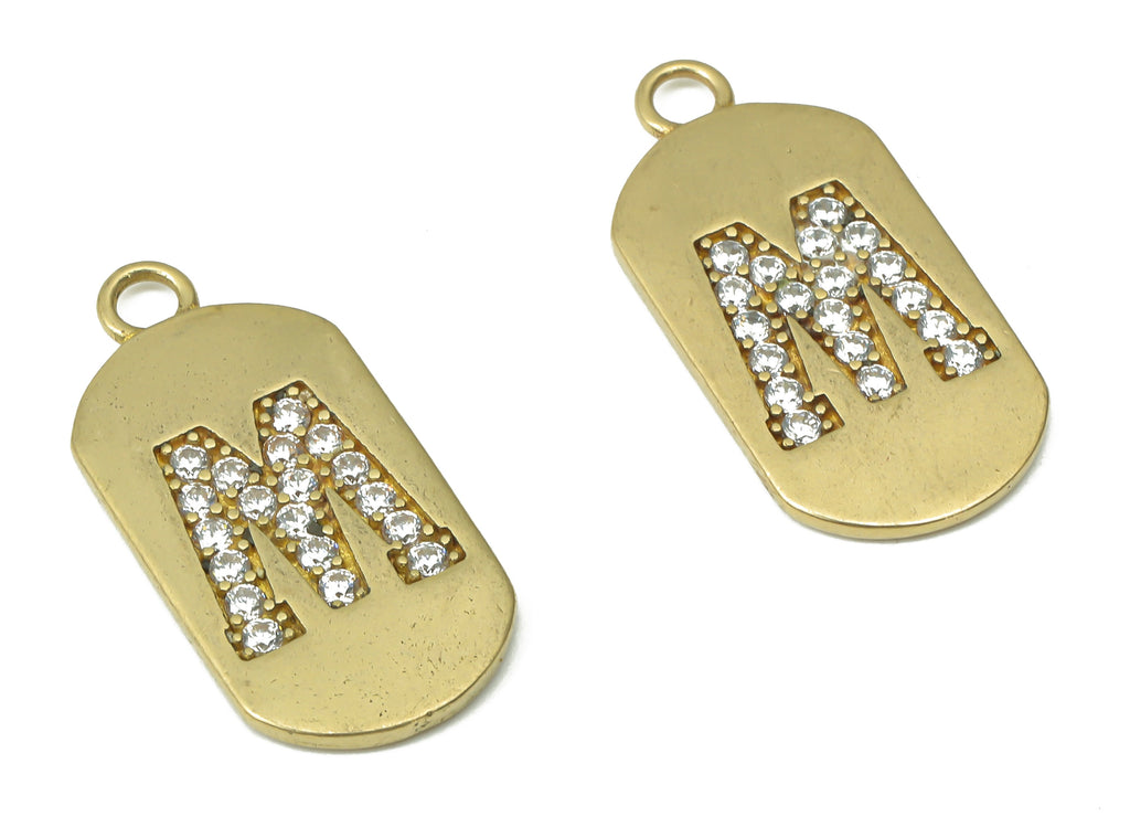 Brass Long Oval Letter M Earring Charms with Zircons - Raw Brass Initial M Pendant - Jewelry Making Supplies - 23.45x11.2x1.57mm - PP7442M - DOMEDBAZAAR