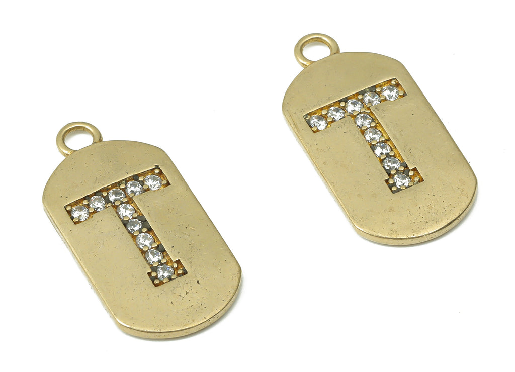 Brass Long Oval Letter T Earring Charms with Zircons - Raw Brass Initial T Pendant - Jewelry Making Supplies - 23.45x11.2x1.57mm - PP7442T - DOMEDBAZAAR