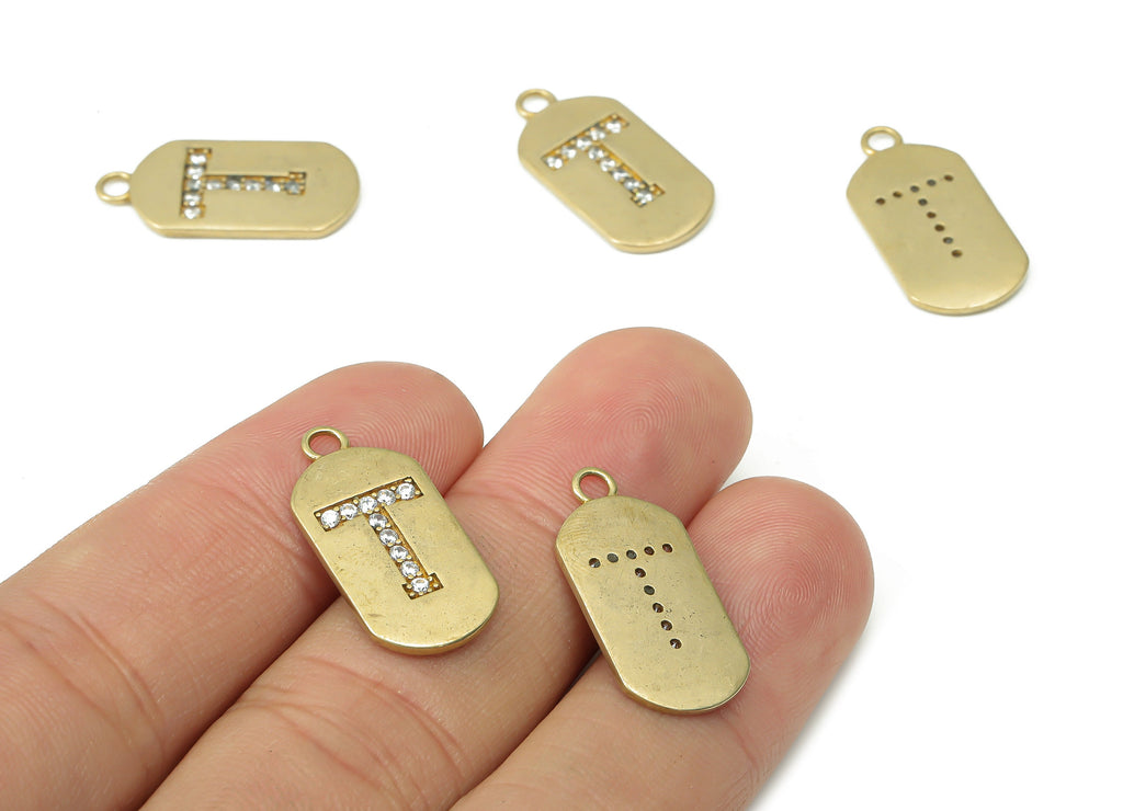 Brass Long Oval Letter T Earring Charms with Zircons - Raw Brass Initial T Pendant - Jewelry Making Supplies - 23.45x11.2x1.57mm - PP7442T - DOMEDBAZAAR