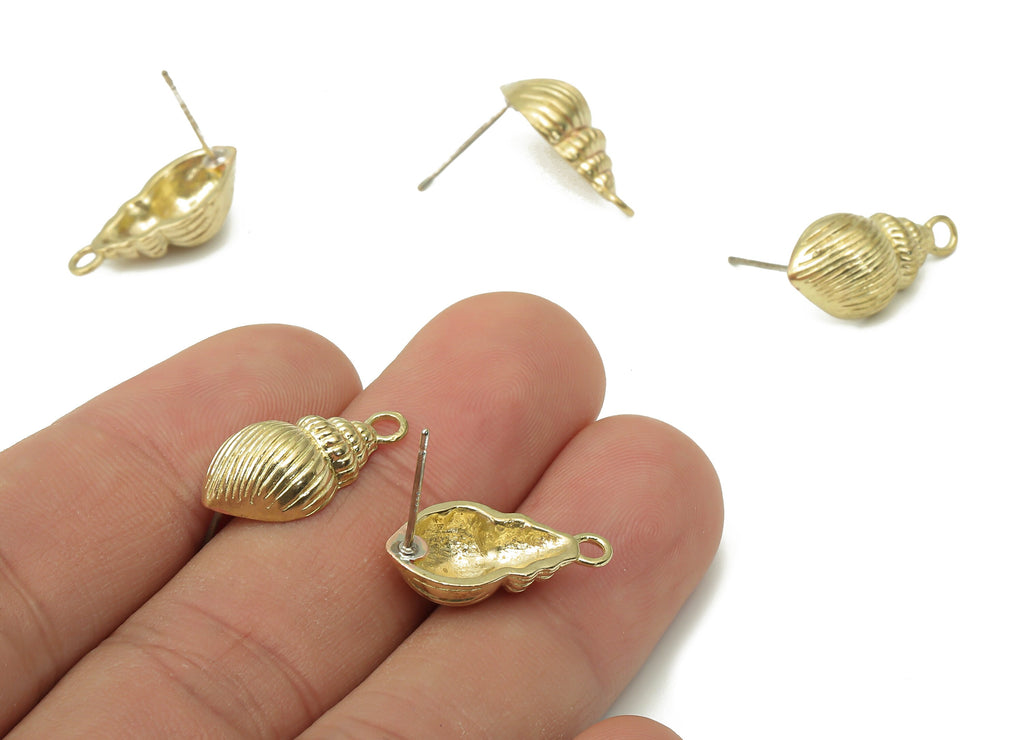 Brass Whelk Seashell Earring Stud - Raw Brass Conch Earring Post - Imitation Silver Stud - Jewelry Supplies - 19.26x9.94x1.24mm - PP7412 - DOMEDBAZAAR