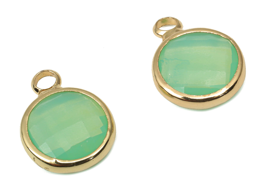 Glass Round Earring Charms With Loop - Green Brass Circle Frame Pendant - Gold Tone Plated Brass - Faceted Glass - 14.1x10.6x3.8mm - GS1141A - DOMEDBAZAAR