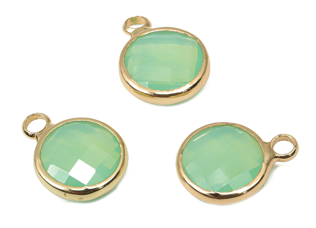Glass Round Earring Charms With Loop - Green Brass Circle Frame Pendant - Gold Tone Plated Brass - Faceted Glass - 14.1x10.6x3.8mm - GS1141A - DOMEDBAZAAR