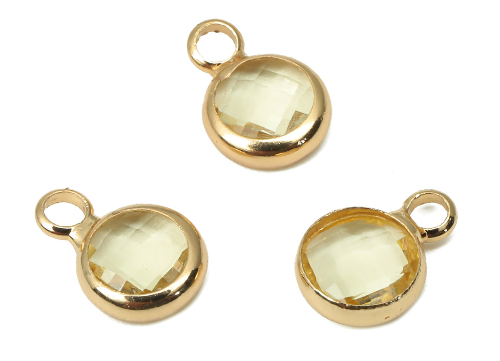 Glass Mini Round Earring Charms with Loop - Gold Tone Plated Circle Brass Bracelet Charm - Faceted Clear Glass - 9.6x6.53x2.57mm - GS1143H - DOMEDBAZAAR
