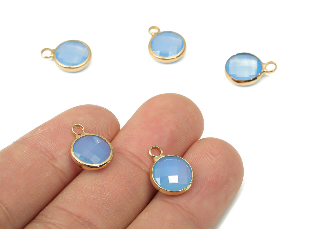 Glass Round Earring Charms With Loop - Blue Brass Circle Frame Pendant - Gold Tone Plated Brass - Faceted Glass - 14.1x10.6x3.8mm - GS1141C - DOMEDBAZAAR