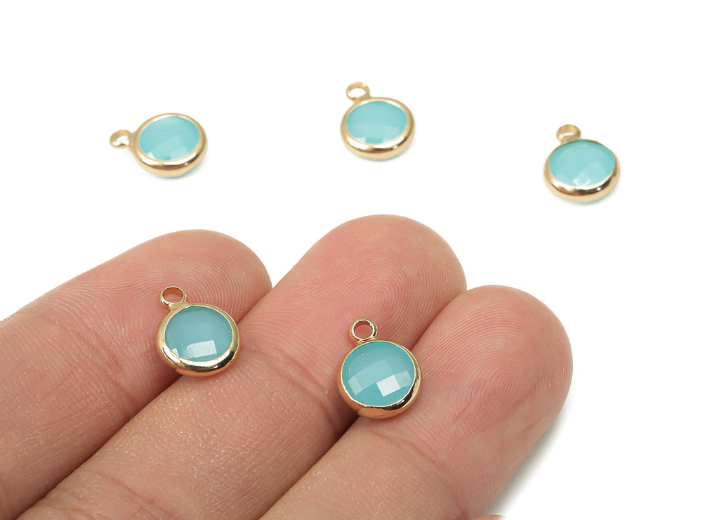 Glass Round Earring Charms with Loop - Blue Brass Circle Frame Pendant - Gold Tone Plated Brass - Faceted Glass - 11.5x8.66x3.02mm - GS1142A - DOMEDBAZAAR