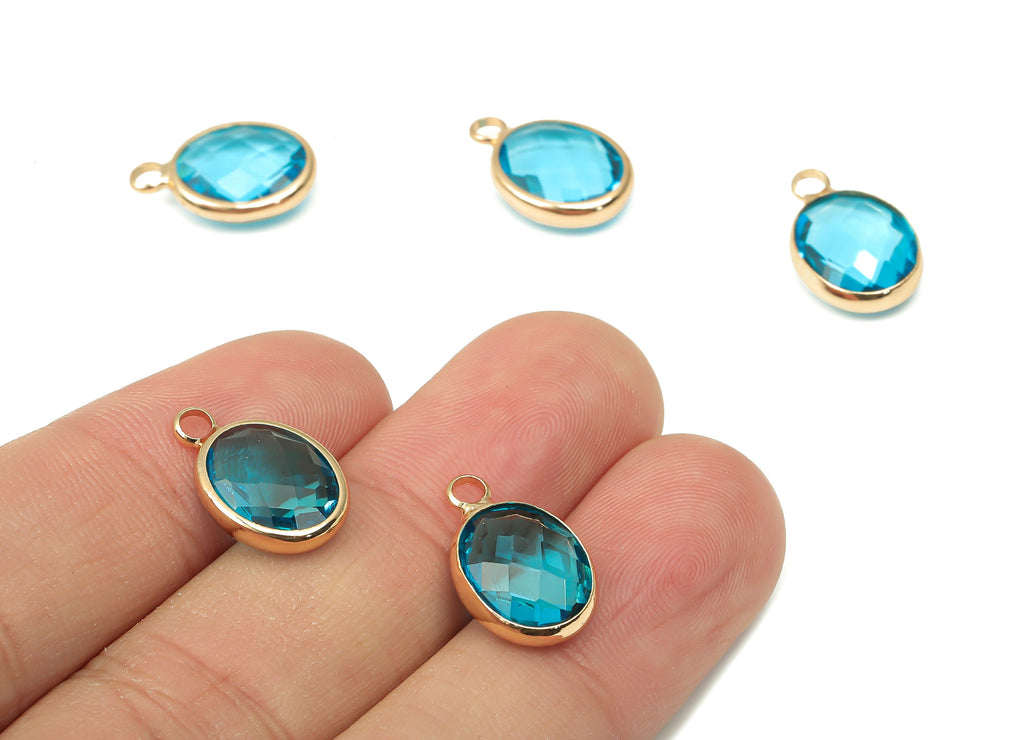 Glass Oval Earring Charms With Loop - Blue Brass Oval Frame Pendant - Gold Tone Plated Brass - Faceted Glass - 16.08x10.6x4.38mm - GS1145E - DOMEDBAZAAR