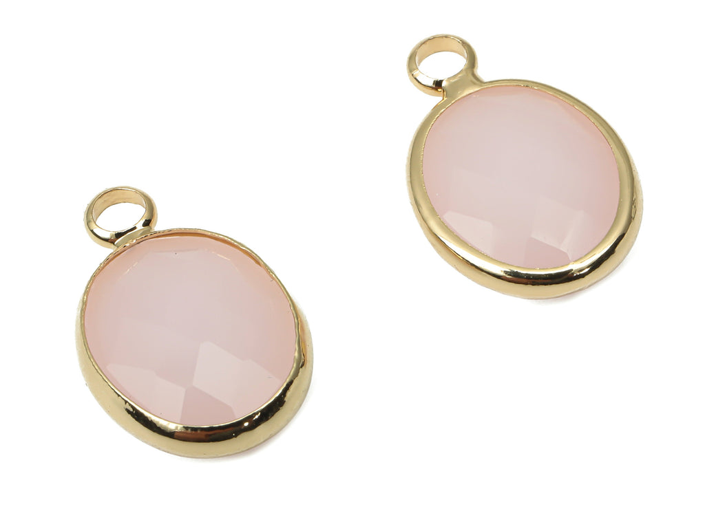Glass Oval Earring Charms With Loop - Pink Brass Oval Frame Pendant - Gold Tone Plated Brass - Faceted Glass - 16.08x10.6x4.38mm - GS1145A - DOMEDBAZAAR